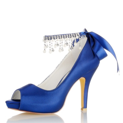 Sapphire Blue Satin Peep Toe Wedding Shoes  Ankle Strap Stiletto Heel Platform Pumps