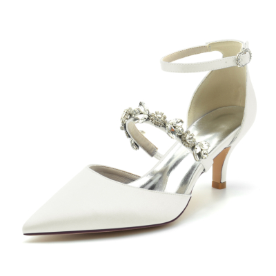 Ivory Satin D'orsay Pumps Wedding Kitten Heels Shoes With Crystal Strap