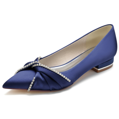 Navy Satin Jewelled Knot Pumps Flats Shoes For Party