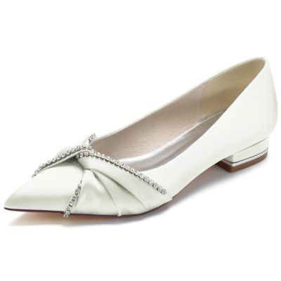 Ivory Satin Jewelled Knot Pumps Flats Shoes For Party