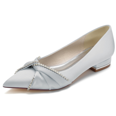 Grey Satin Jewelled Knot Pumps Flats Shoes For Party