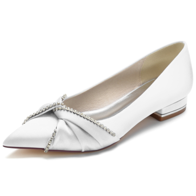 White Satin Jewelled Knot Pumps Flats Shoes For Party