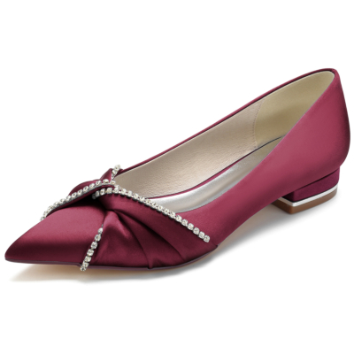 Burgundy Satin Jewelled Knot Pumps Flats Shoes For Party