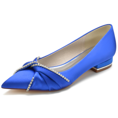 Royal Blue Satin Jewelled Knot Pumps Flats Shoes For Party