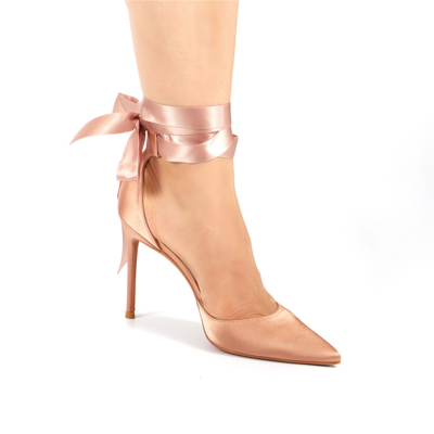 Pink Satin Lace-up D'orsay Pointy Toe Heeled Wedding Pumps