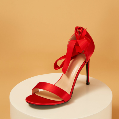 Red Satin Lace Up Ankle Strap Sandals Stiletto Heels for Wedding