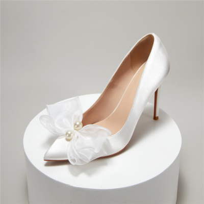 Ivory Satin Heels with Pearls Bow Wedding Heels Stiletto Bridal Shoes