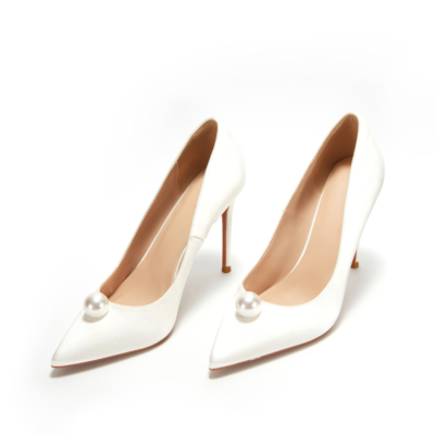 White Satin Pearls Wedding Pumps Closed-Toe Stiletto Bridal Shoes