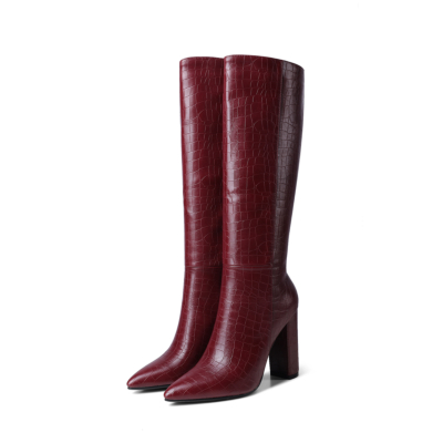 Winered Sexy Croc-embossed Pointy Toe High Heel Knee High Boots