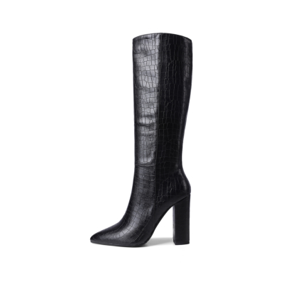 Black Sexy Croc-embossed Pointy Toe High Heel Knee High Boots