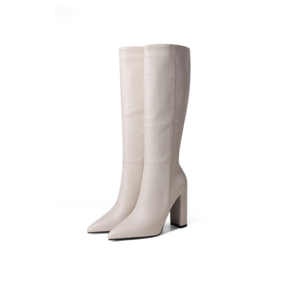 White Sexy Croc-embossed Pointy Toe High Heel Knee High Boots