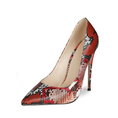 Red Snake Printed Stiletto Pumps Poined Toe 5 inch Heels Work Shoes