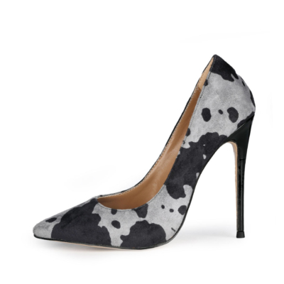 Grey Milk Cow Printed Stiletto Pumps Poined Toe 12cm Heels Shoes