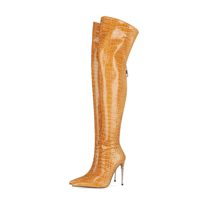 Sexy Croc Printed Metallic Pointed Toe Stiletto Heeled Thigh High Boots for Winter
