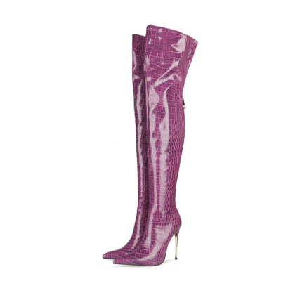 Purple Croc Printed Metallic Pointed Toe Stiletto Heeled Thigh High Boots for Winter