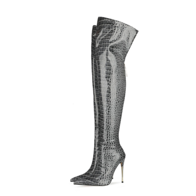 Grey Croc Printed Metallic Pointed Toe Stiletto Heeled Thigh High Boots for Winter