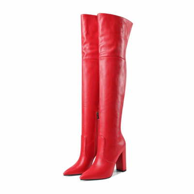 Red Chunky Heel Zipper Tall Boots Over-the-knee Boots