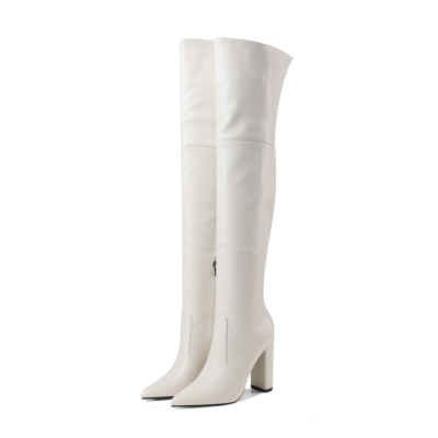 White Chunky Heel Zipper Tall Boots Over-the-knee Boots
