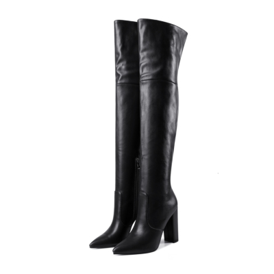Black Chunky Heel Zipper Tall Boots Over-the-knee Boots