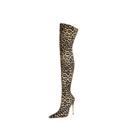 Leopard Printed Dress Boots 12cm High Heel Thigh High Boot