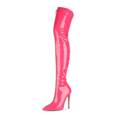 Pink Sexy Patent Leather Over the Knee Zipper Stiletto Thigh High Boots