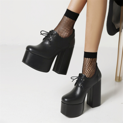Black Platform Loafer Lace Up Chunky Heeled Ankle Boots with Round Toe
