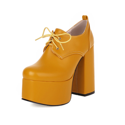 Yellow Platform Loafer Lace Up Chunky Heeled Ankle Boots with Round Toe