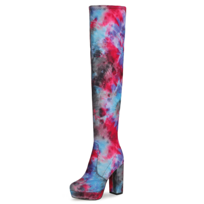 Purple Flower Printed Chunky Heel Platform Over-the-knee Boots with Round Toe
