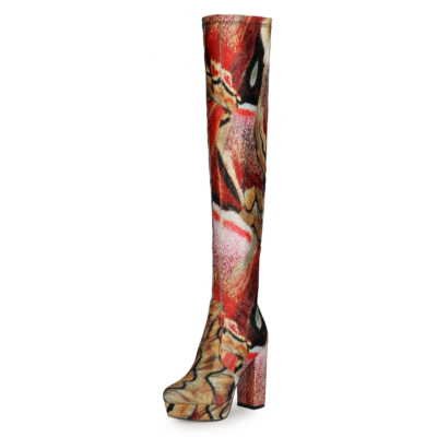 Brown Vinatge Printed Chunky Heel Platform Over-the-knee Boots with Round Toe