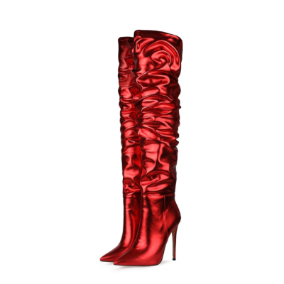 Red Slouchy Pointy Toe High Heel Thigh High Boots