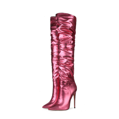 Pink Sexy Slouchy Pointy Toe High Heel Thigh High Boots