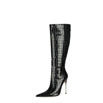 Black Snake Print Knee High Boots Metallic Stiletto Heel Boots With Back Zipper