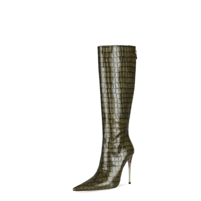 Olive Green Snake Print Knee High Boots Metallic Stiletto Heel Boots With Back Zipper