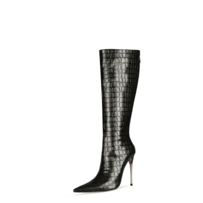 Grey Snake Print Knee High Boots Metallic Stiletto Heel Boots With Back Zipper