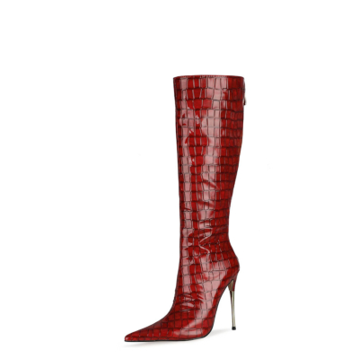 Red Snake Print Knee High Boots Metallic Stiletto Heel Boots With Back Zipper