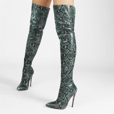 Sexy Snake Prints Stiletto Over The Knee Thigh High Boots with Pointy Toe