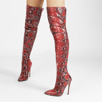 Red Snake Prints Stiletto Over The Knee Thigh High Boots with Pointy Toe