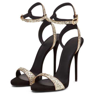 Golden Glitter Stiletto Heel Buckle Ankle Strap Sandals with Open Toe