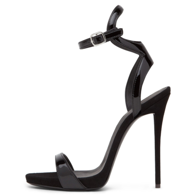 Black Stiletto Heel Buckle Ankle Strap Sandals with Open Toe