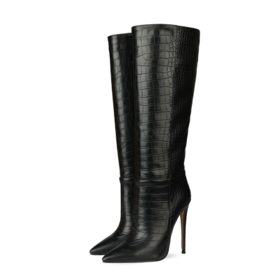 Up2step Black Sexy Woman Croc-Printed Stiletto Heel Knee High Boots