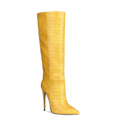 Up2step Yellow Sexy Woman Croc-Printed Stiletto Heel Knee High Boots