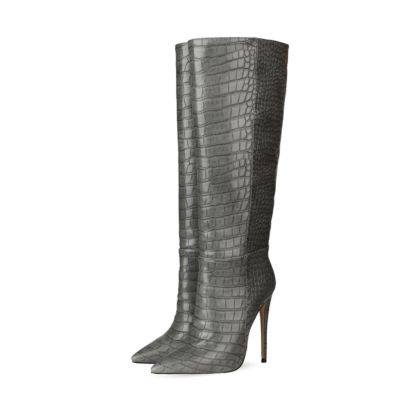 Up2step Grey Sexy Woman Croc-Printed Stiletto Heel Knee High Boots