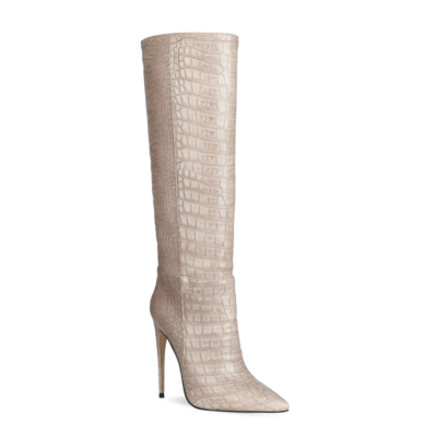 Up2step Nude Sexy Woman Croc-Printed Stiletto Heel Knee High Boots