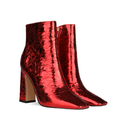 Red Shiny Metallic Square Toe High Heel Ankle Boots