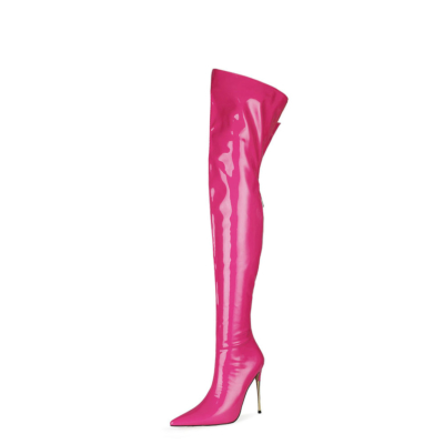 Fuchsia Long Thigh High Boots Stiletto Heel Wide Calf Zip Pleaser Boots