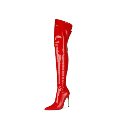 Red Long Thigh High Boots Stiletto Heel Wide Calf Zip Pleaser Boots