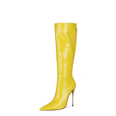 Shiny Yellow Tall Zip Boots Metallic Stiletto Heel Knee High Boots For Work