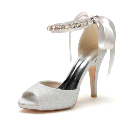 Silver Glitter Peep Toe Ankle Strap Stiletto Heel Platform Wedding Sandals with Bow