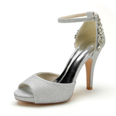 Silver Glitter Peep Toe Wedding Shoes Ankle Strap  Stiletto Heel Platform Sandals