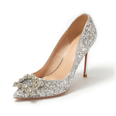 Silver Sequin Pointed Toe Rhinestones Bridal Heeled Glitter Pumps
